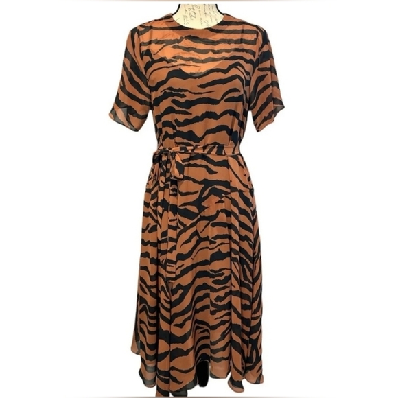NWT All Saints Enki Zephyr tiger print chiffon asymmetrical belted midi dress - Picture 2 of 5